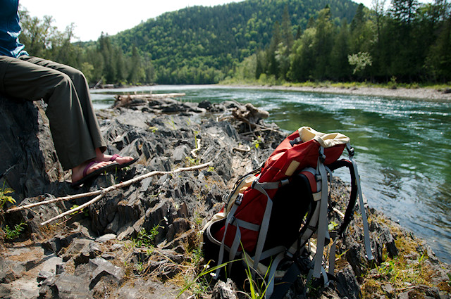 backpack at river