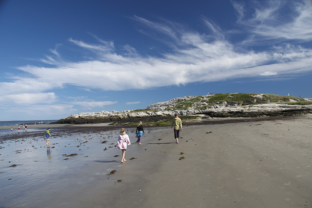 family at beach blue sky